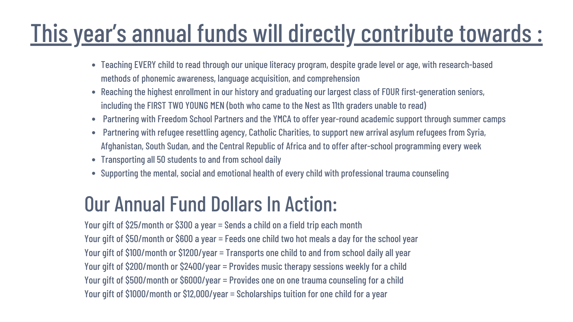 This year’s annual funds will directly contribute towards Teaching EVERY child to read through our unique literacy program, despite grade level or age, with resea
